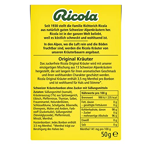 Ricola Original Kräuter, 10 Böxli original Schweizer Kräuter-Bonbons mit 13 Schweizer Alpenkräutern & Menthol, zuckerfrei, für Hals & Stimme, 10 x 50g - 3