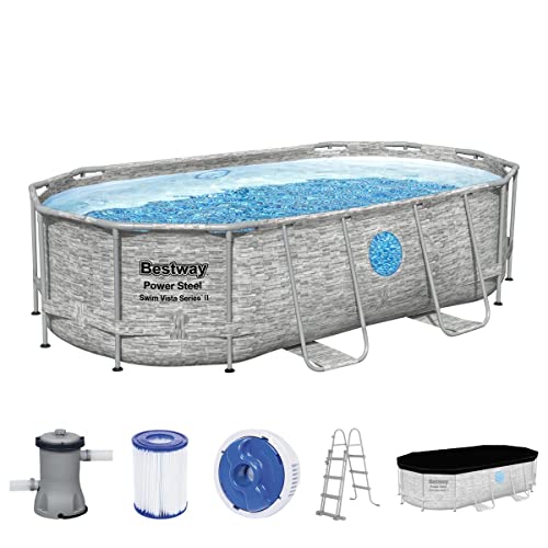 Bestway Power Steel Swim Vista Series Frame Pool Komplett-Set mit Filterpumpe 427 x 250 x 100 cm, Steinwand-Optik (Cremegrau), oval - 2