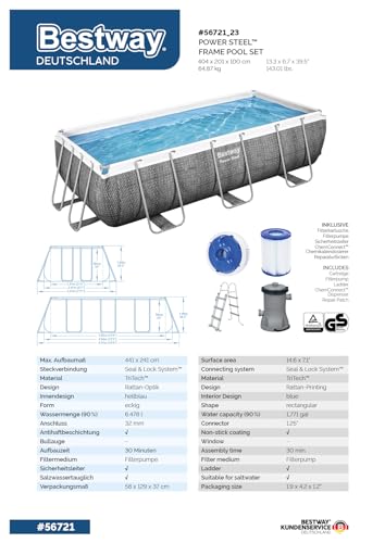 Bestway Power Steel Frame Pool-Set mit Filterpumpe 404 x 201 x 100 cm, Rattan-Optik (Schiefergrau), eckig - 8