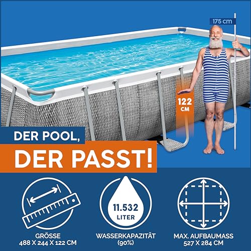 Bestway Power Steel Frame Pool Komplett-Set mit Filterpumpe 488 x 244 x 122 cm, Rattan-Optik (Schiefergrau), eckig - 3