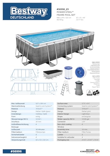 Bestway Power Steel Frame Pool Komplett-Set mit Filterpumpe 488 x 244 x 122 cm, Rattan-Optik (Schiefergrau), eckig - 10