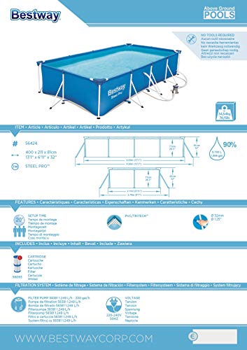 Bestway Steel Pro Frame Pool-Set mit Filterpumpe 400 x 211 x 81 cm , blau, eckig - 18