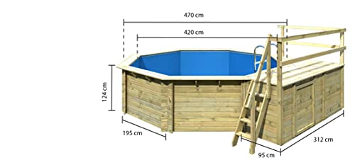 CHILLROI® Achteck Massiv Holzpool 428 x 428 x 124 cm Modell 2C | Set inkl. Sonnenterrasse 96 x 199 cm, Zubehör und Pool Leitern - 2