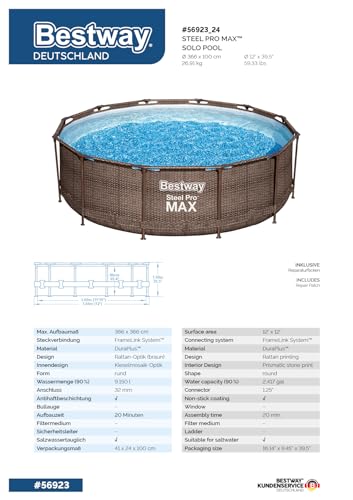 Bestway Steel Pro MAX Frame Pool-Set mit Filterpumpe Ø 366 x 100 cm, Rattan-Optik (Schokobraun), rund - 6