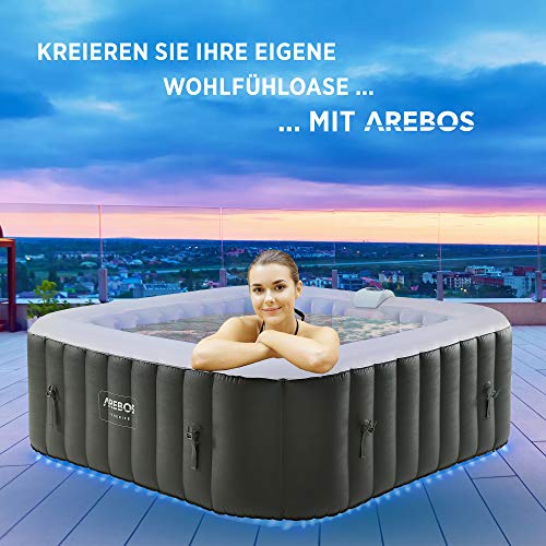 Arebos Spa Whirlpool 2400 W | automatisch aufblasbar | In- & Outdoor Spa Pool | 6 Personen | 185x185 cm | LED-Beleuchtung | 130 Massagedüsen | 910 L | Inkl. Abdeckung | Bubble Spa & Wellness Massage - 2