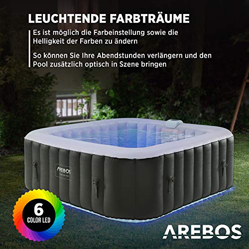 Arebos Spa Whirlpool 2400 W | automatisch aufblasbar | In- & Outdoor Spa Pool | 6 Personen | 185x185 cm | LED-Beleuchtung | 130 Massagedüsen | 910 L | Inkl. Abdeckung | Bubble Spa & Wellness Massage - 4