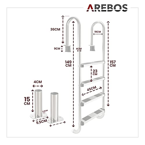 Arebos Edelstahl Poolleiter | inkl. Kunststoffbolzen, Flanschrohr und Montagematerial | 2 Montagemöglichkeiten | mit Antirutschpads auf den Sprossen | Einstiegsleiter Silber | Einbauleiter 4 Stufen - 7