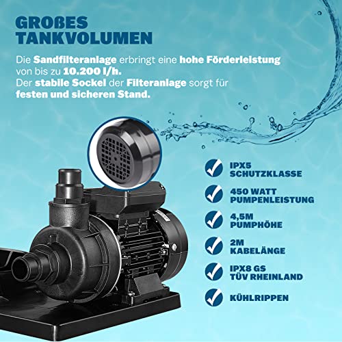 Monzana® Sandfilteranlage SF12K 10.200L/h bis 35.000L Pool Selbstansaugend 400 Watt 2in1 Adapter Ø32-38mm 7Wege Ventil Sandfilterpumpe Poolfilter - 3