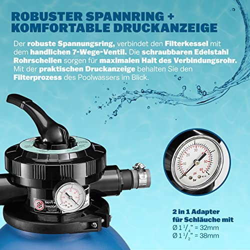 Monzana® Sandfilteranlage SF12K 10.200L/h bis 35.000L Pool Selbstansaugend 400 Watt 2in1 Adapter Ø32-38mm 7Wege Ventil Sandfilterpumpe Poolfilter - 4