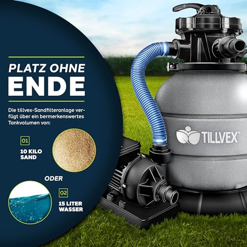 tillvex® Sandfilteranlage Pool 7.900L/h inkl. 400g Filterbälle | Filteranlage 7-Wege Ventil & 2in1 Adapter Ø32mm - 38mm | Poolfilter mit Druckanzeige | Sandfilter für Schwimmbecken (Grau) - 4