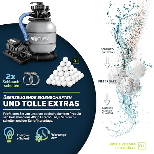 tillvex® Sandfilteranlage Pool 7.900L/h inkl. 400g Filterbälle | Filteranlage 7-Wege Ventil & 2in1 Adapter Ø32mm - 38mm | Poolfilter mit Druckanzeige | Sandfilter für Schwimmbecken (Grau) - 5