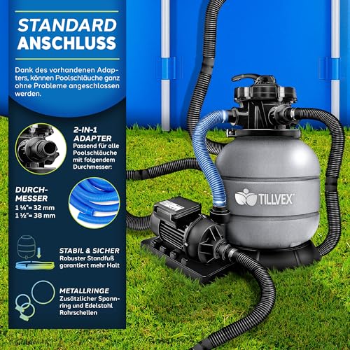 tillvex® Sandfilteranlage Pool 7.900L/h inkl. 400g Filterbälle | Filteranlage 7-Wege Ventil & 2in1 Adapter Ø32mm - 38mm | Poolfilter mit Druckanzeige | Sandfilter für Schwimmbecken (Grau) - 6