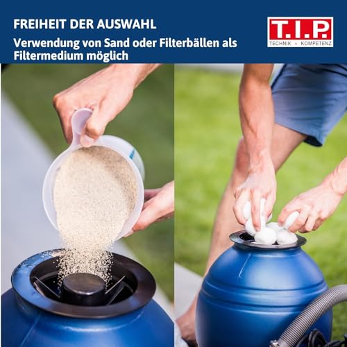 T.I.P. Sandfilteranlage - Pool Filter Set mit Vorfilter (30 m³ Beckengröße, 10.000l/h Fördermenge, 10m Förderhöhe, 4-Wege-Ventil, Großer Filterbehälter: 13Kg Sand / 400g Fillterballs) SPF 250 F, 30308 - 2