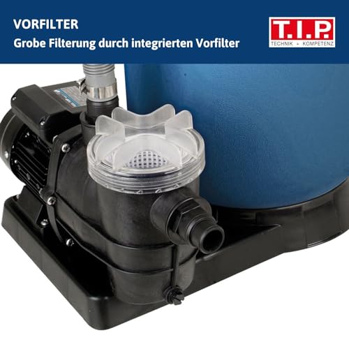 T.I.P. Sandfilteranlage - Pool Filter Set mit Vorfilter (30 m³ Beckengröße, 10.000l/h Fördermenge, 10m Förderhöhe, 4-Wege-Ventil, Großer Filterbehälter: 13Kg Sand / 400g Fillterballs) SPF 250 F, 30308 - 5