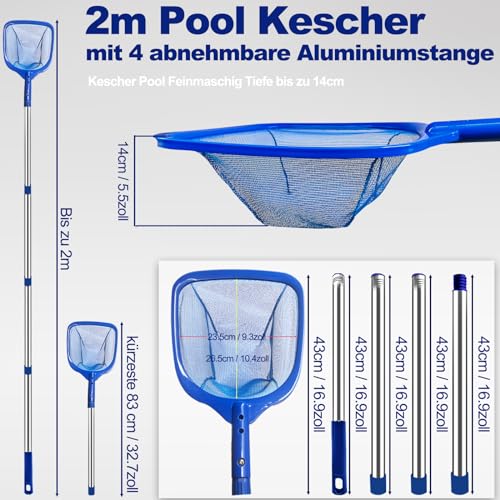 4BAOHUI Pool Kescher 83-200 cm Lang, Poolkescher Feinmaschig mit Teleskopstange, 14cm Tief Poolreinigung Kescher, Teichkescher für Schwimmbad, Teich, Algen & Bestway Pool, Planschbecken, Whirlpool - 3