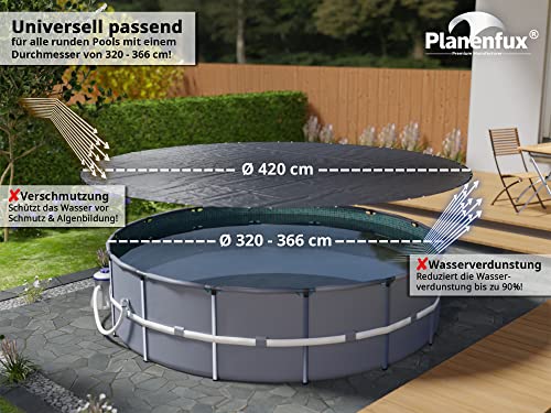 Planenfux® Poolabdeckung rund 366 cm (Für Ø 320-366cm Pools) | 2-in-1 Abdeckplane Pool rund aus 200g/m² PE Material | Poolplane Solarplane Pool rund für Sommer & Winter | Ø420 cm Pool Abdeckung rund - 2