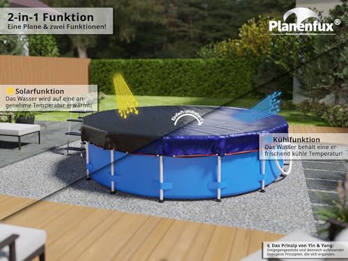 Planenfux® Poolabdeckung rund 366 cm (Für Ø 320-366cm Pools) | 2-in-1 Abdeckplane Pool rund aus 200g/m² PE Material | Poolplane Solarplane Pool rund für Sommer & Winter | Ø420 cm Pool Abdeckung rund - 5