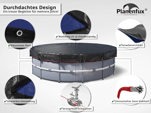 Planenfux® Poolabdeckung rund 366 cm (Für Ø 320-366cm Pools) | 2-in-1 Abdeckplane Pool rund aus 200g/m² PE Material | Poolplane Solarplane Pool rund für Sommer & Winter | Ø420 cm Pool Abdeckung rund - 6