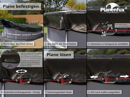 Planenfux® Poolabdeckung rund 366 cm (Für Ø 320-366cm Pools) | 2-in-1 Abdeckplane Pool rund aus 200g/m² PE Material | Poolplane Solarplane Pool rund für Sommer & Winter | Ø420 cm Pool Abdeckung rund - 7